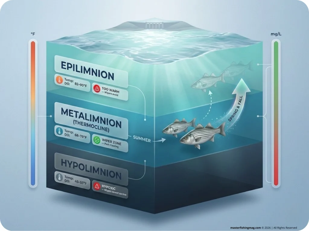 Vertical cross-section diagram of a reservoir showing epilimnion, metalimnion, and hypolimnion layers with temperature, dissolved oxygen values, and wiper position in summer vs. spring and fall.