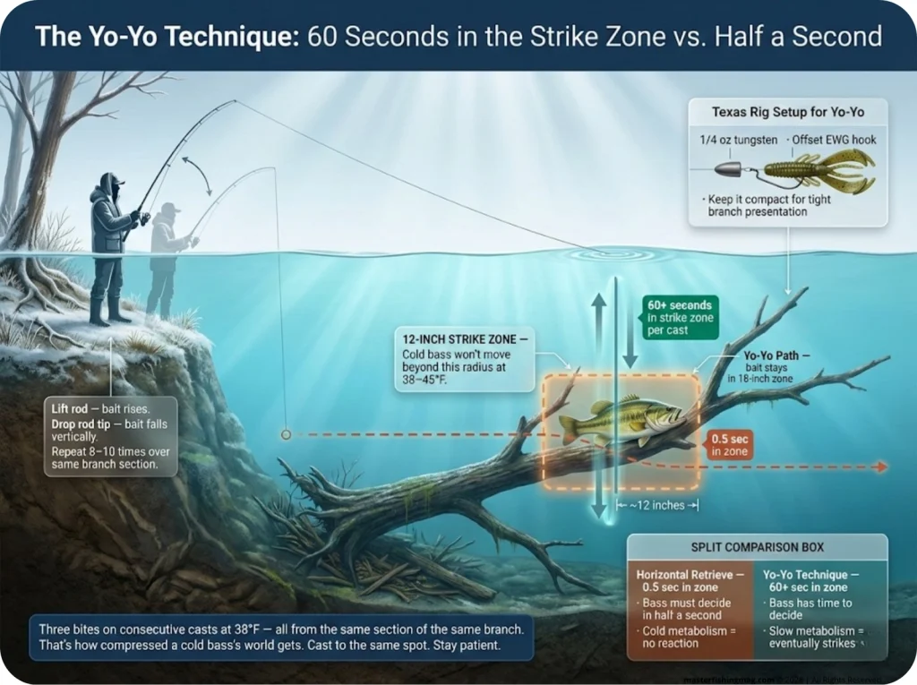 Side-view cutaway diagram showing a bank angler yo-yo fishing a Texas rig over a submerged laydown with vertical path arrows, a 12-inch strike zone callout, and a comparison of horizontal retrieve at 0.5 seconds in zone versus yo-yo path at 60-plus seconds in zone.