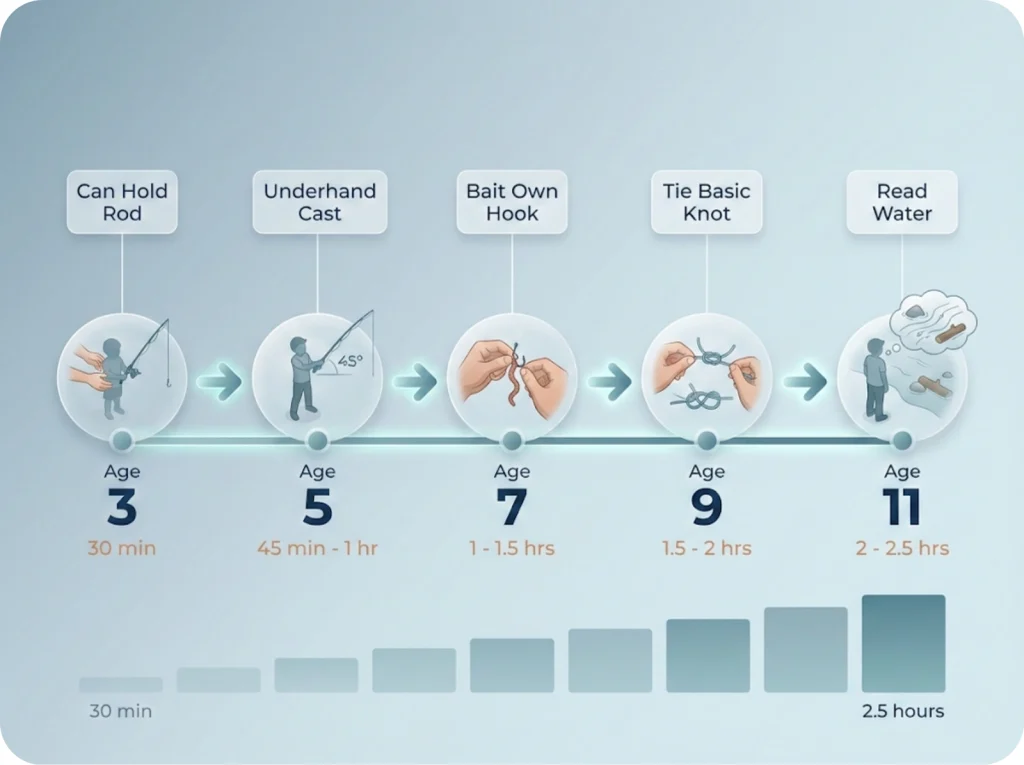 Horizontal timeline showing fishing skill milestones from age 3 to 12 with trip length progression from 30 minutes to 2.5 hours.