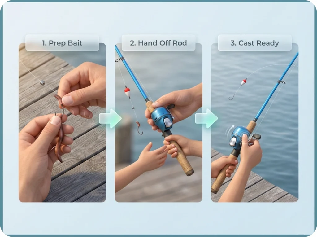 Three-panel instructional sequence showing adult preparing nightcrawler bait, handing pre-rigged push-button rod to child, and child casting underhand from dock.