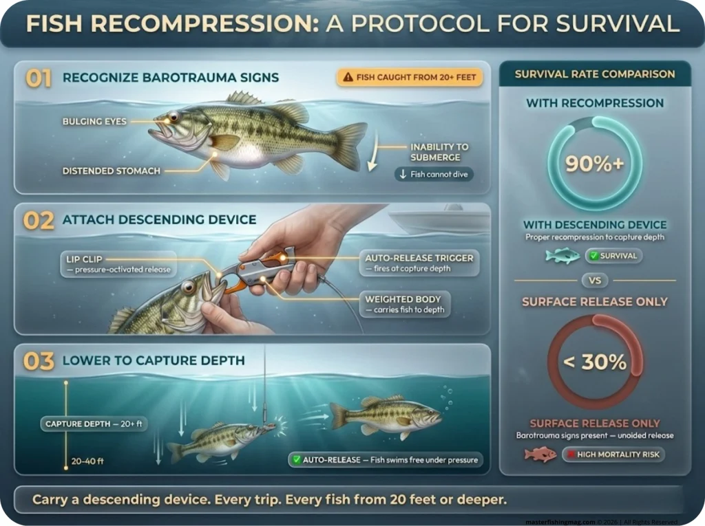 3-step barotrauma protocol infographic showing how to recognize signs, attach a descending device, and lower fish to capture depth, with survival rate comparison: 90% vs 30%.