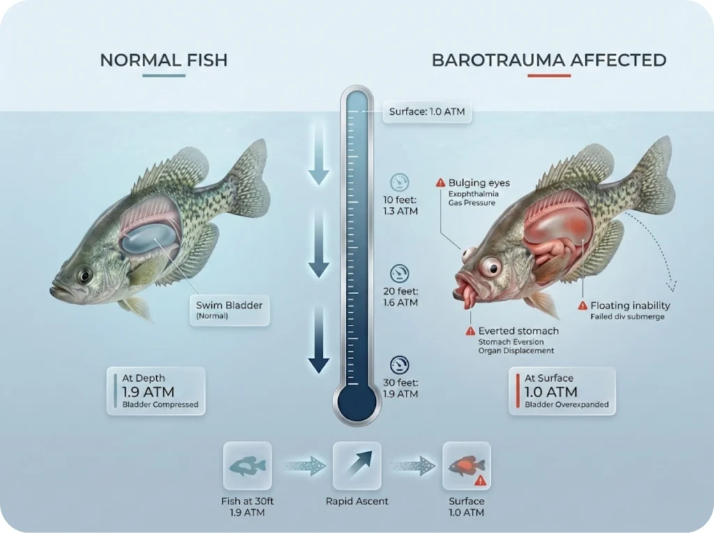 Scientific diagram comparing normal crappie swim bladder versus barotrauma symptoms from rapid depth change, with depth-to-pressure scale and external injury illustrations.