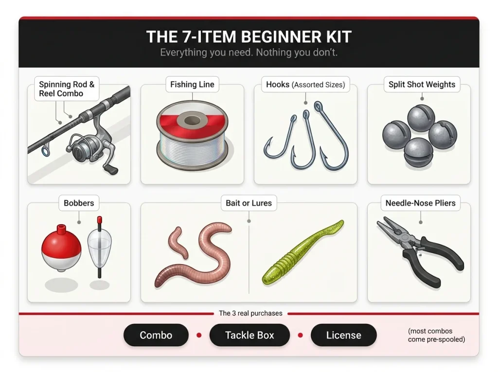 Infographic showing 7 essential beginner fishing items as labeled icons with the 3 real purchases highlighted below
