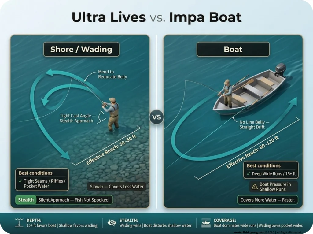 Infographic comparing shore wading vs. boat drift fishing with cast angles, drift paths, mending arrows, and reach distance markers