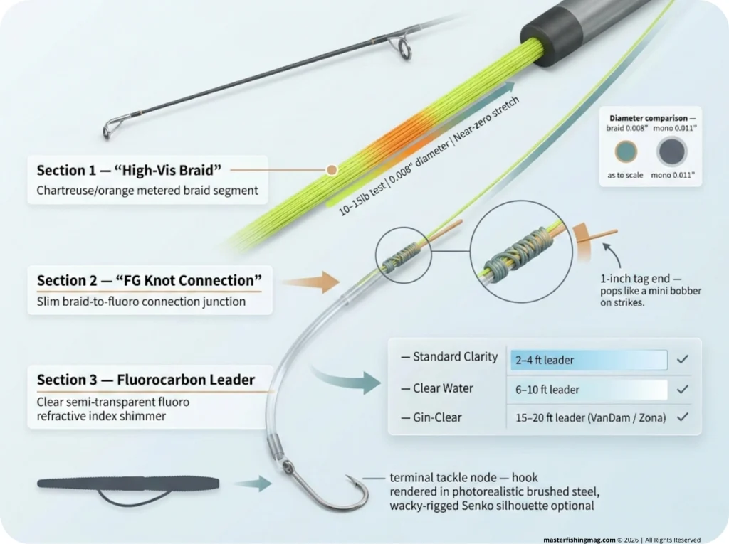 Infographic showing full fishing rig from rod tip to hook with braid labels, FG knot callout, and leader length-by-clarity matrix