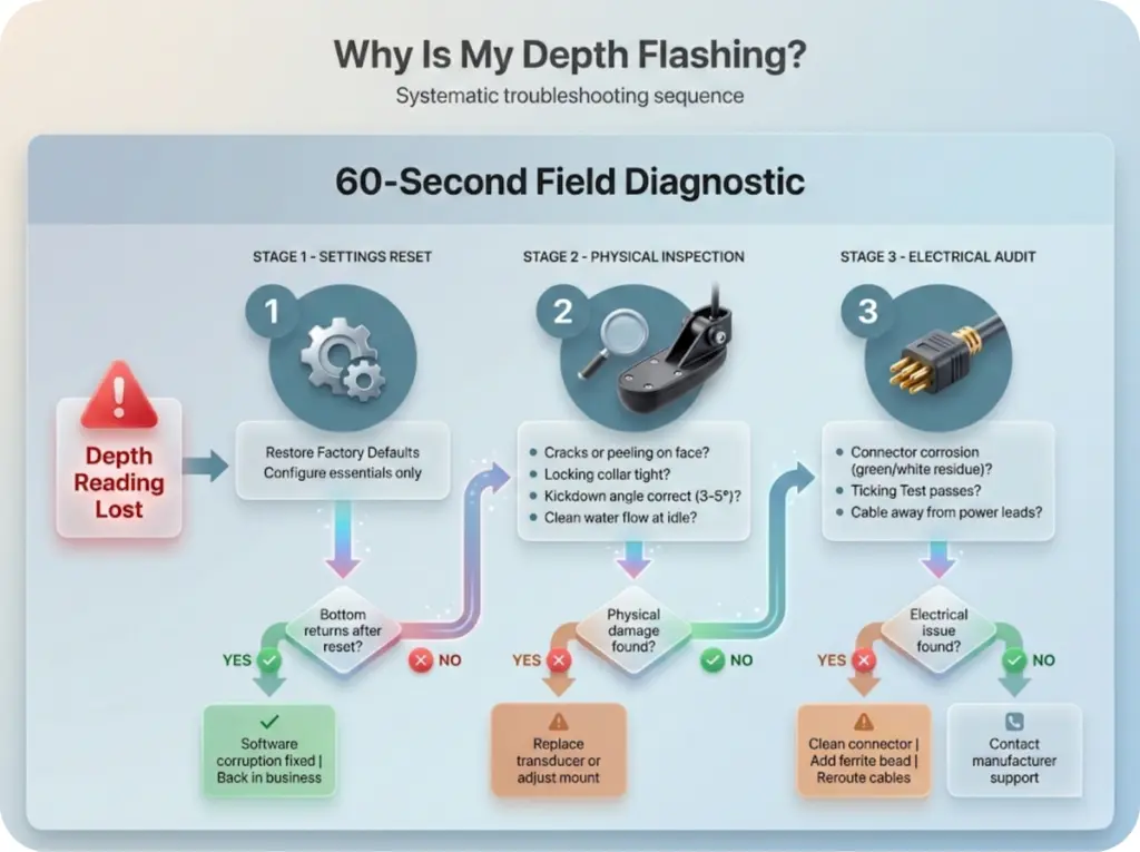 Troubleshooting flowchart for fish finder depth reading problems showing systematic diagnostic steps from settings reset through physical inspection to electrical audit.