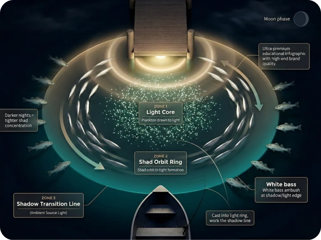 Infographic showing overhead dock light view with plankton, orbiting shad, white bass ambush at shadow line, and boat positioning with cast angle