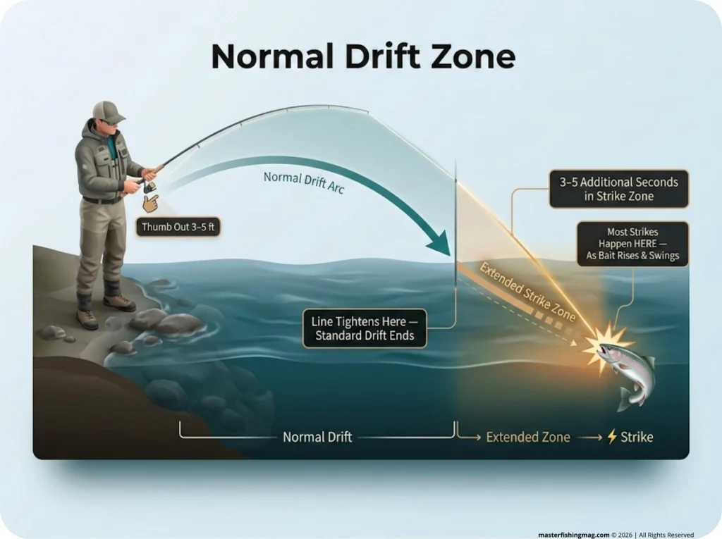 Infographic showing angler's drift arc with extended zone, extra line thumbed out, and fish strike labeled 3-5 additional seconds