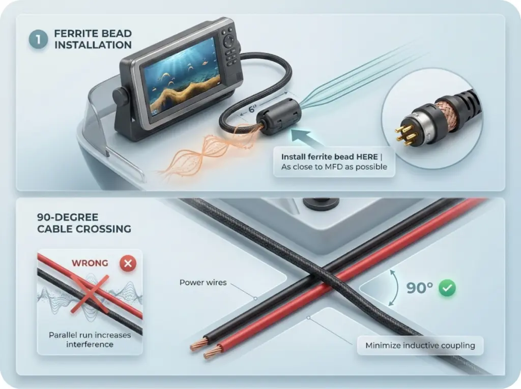 Technical diagram showing ferrite bead placement on transducer cable near fish finder connector and proper 90-degree cable crossing technique to eliminate trolling motor interference.
