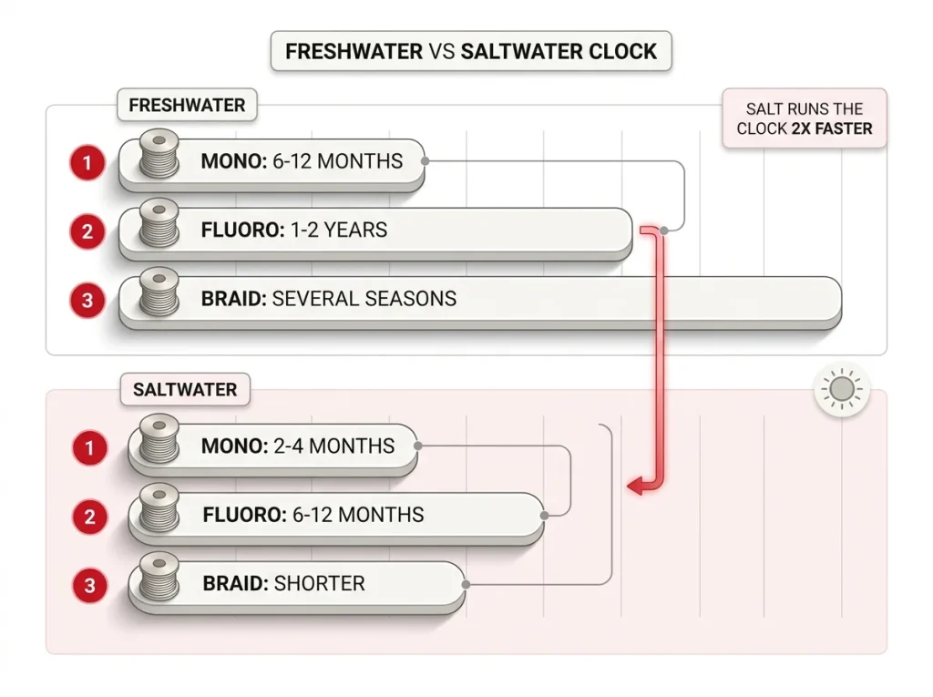 Infographic comparing freshwater vs saltwater fishing line replacement timelines with shorter mono, fluoro, and braid bars for salt