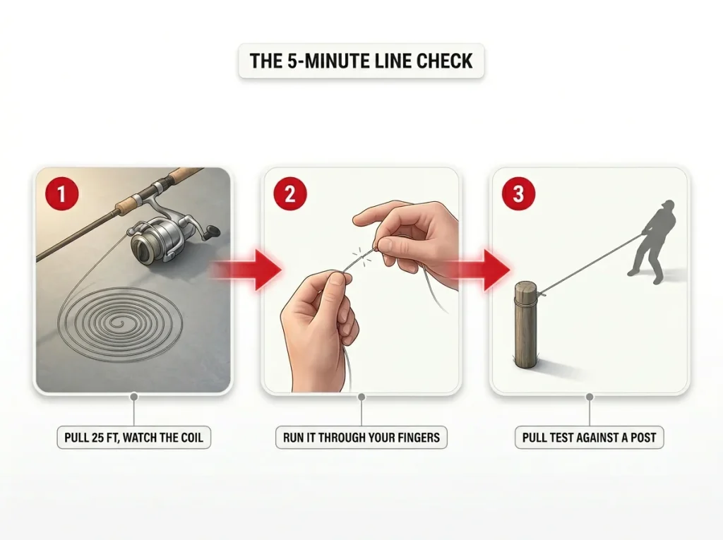 Three-step numbered infographic of the garage-floor line check: coil test, finger feel for nicks, and the pull test against a post
