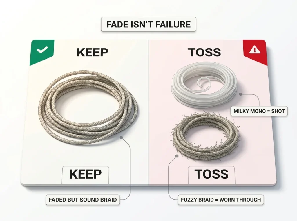 Infographic showing keep-it faded braid versus toss-it milky mono and fuzzy braid, teaching that fade is cosmetic but milkiness is failure