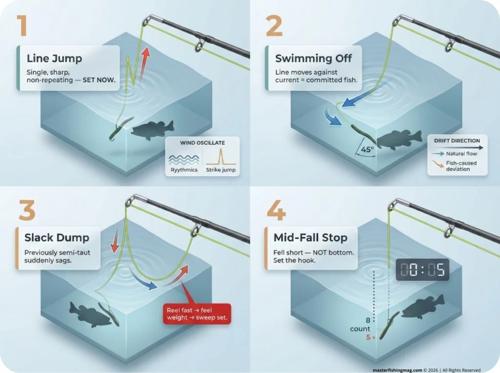 Infographic showing 4 bass strike signals (Line Jump, Swimming Off, Slack Dump, Mid-Fall Stop) with rod-tip and water-entry annotations