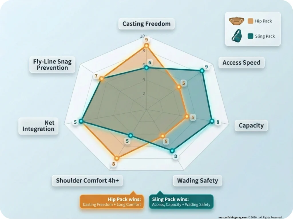 Infographic radar chart comparing hip pack vs sling pack across 7 criteria with scored overlapping polygons and labeled axes