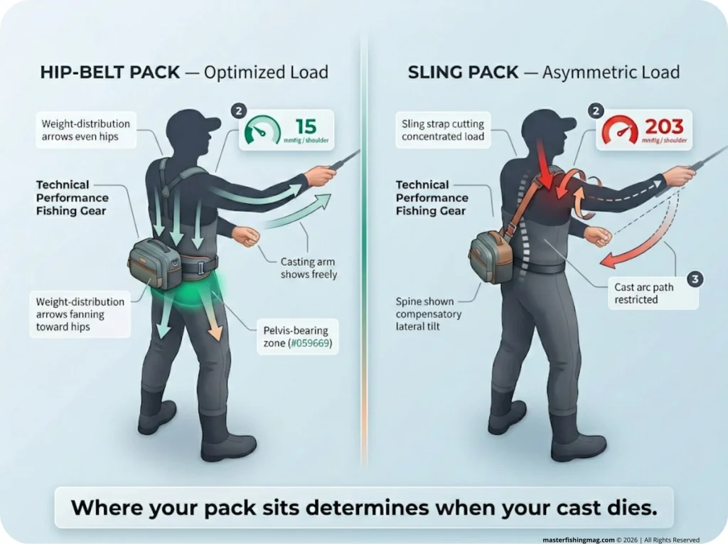 Infographic comparing hip-belt vs sling pack load distribution on a wade angler with pressure labels, torque arrows, and casting impact data