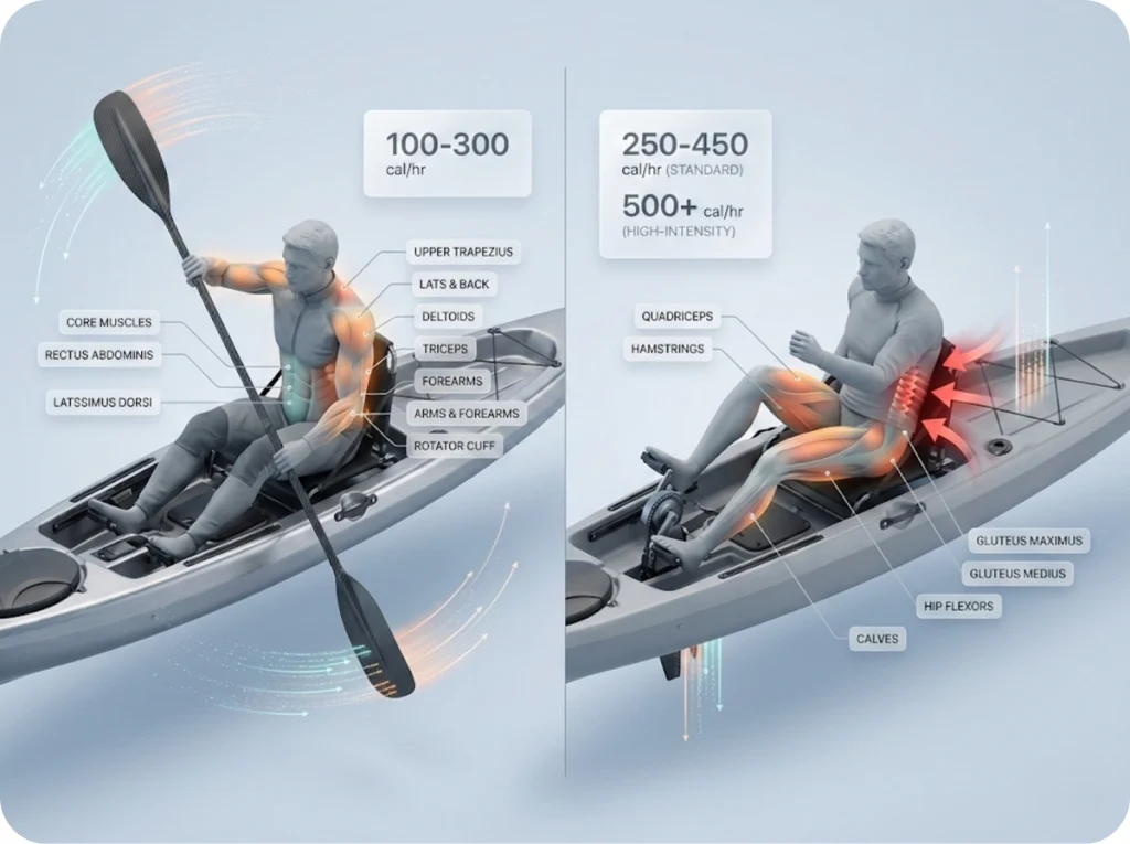 Split-panel anatomy diagram comparing muscle engagement between paddle kayaking (12 muscle groups) and pedal kayaking (focused leg muscles with lumbar stress), including calorie burn rates.