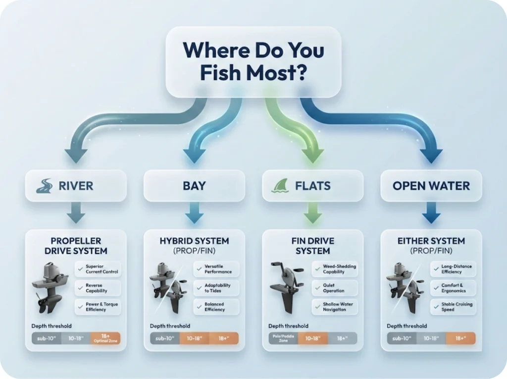 Decision flowchart helping anglers choose between fin-style and propeller pedal drives based on primary fishing water type and depth conditions.
