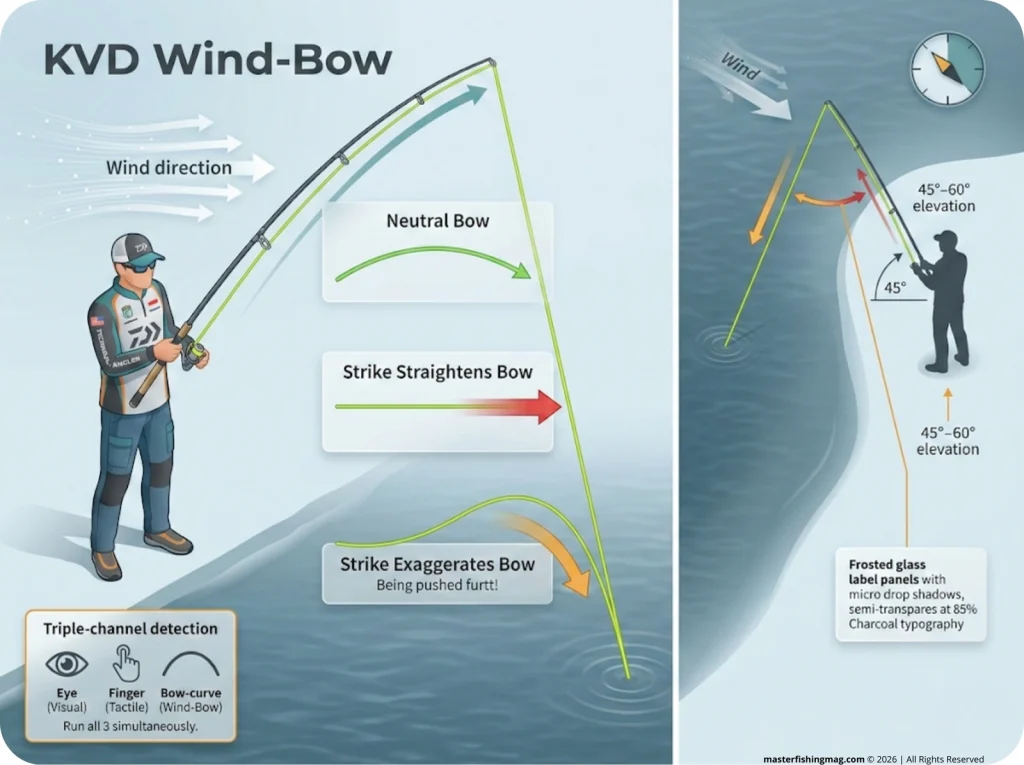 Infographic showing angler rod angle into wind with labeled line bow curve, plus callout arrows for strike-straightened and strike-exaggerated responses