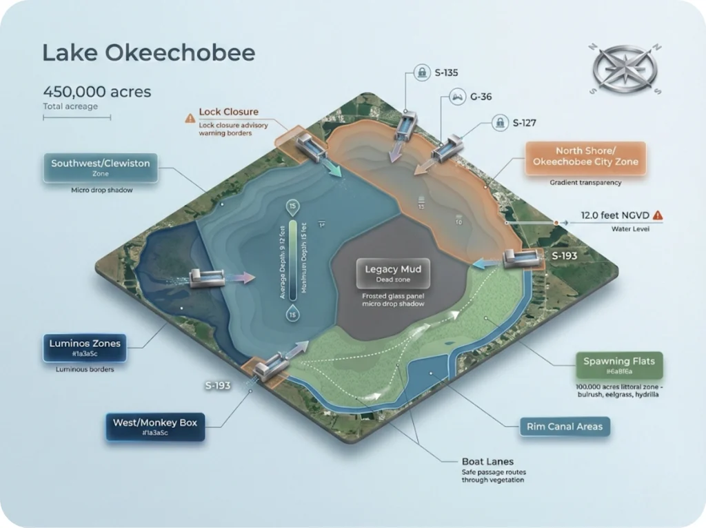 Annotated satellite map of Lake Okeechobee showing three operational fishing zones, boat locks, spawning flats, rim canal areas, and the central Legacy Mud dead zone.