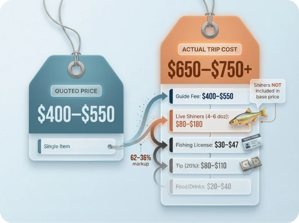 Stacked cost breakdown infographic comparing quoted guide price versus actual trip cost for Lake Okeechobee bass fishing, showing hidden expenses like live shiners, license, and tip.