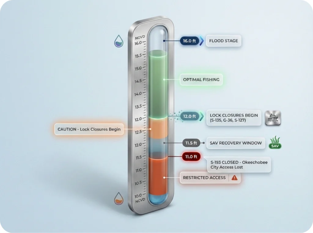 Vertical water level gauge infographic showing Lake Okeechobee NGVD thresholds from 10.0 to 16.0 feet with color-coded zones for optimal fishing, caution, and restricted access conditions.