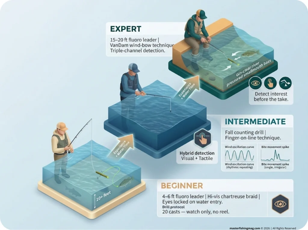 Infographic showing 3-tier bass fishing skill progression ladder from beginner to expert with detection techniques and gear specs per level
