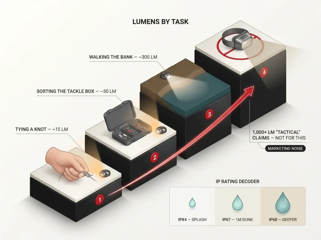 Infographic showing fishing headlamp lumens-by-task ladder from knot-tying to area lighting, with IP rating decoder strip