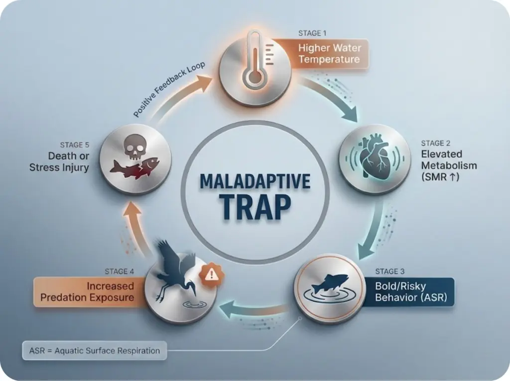 Circular flowchart diagram illustrating the maladaptive feedback loop where rising water temperature drives fish into risky surface respiration behavior, increasing predation vulnerability and mortality.