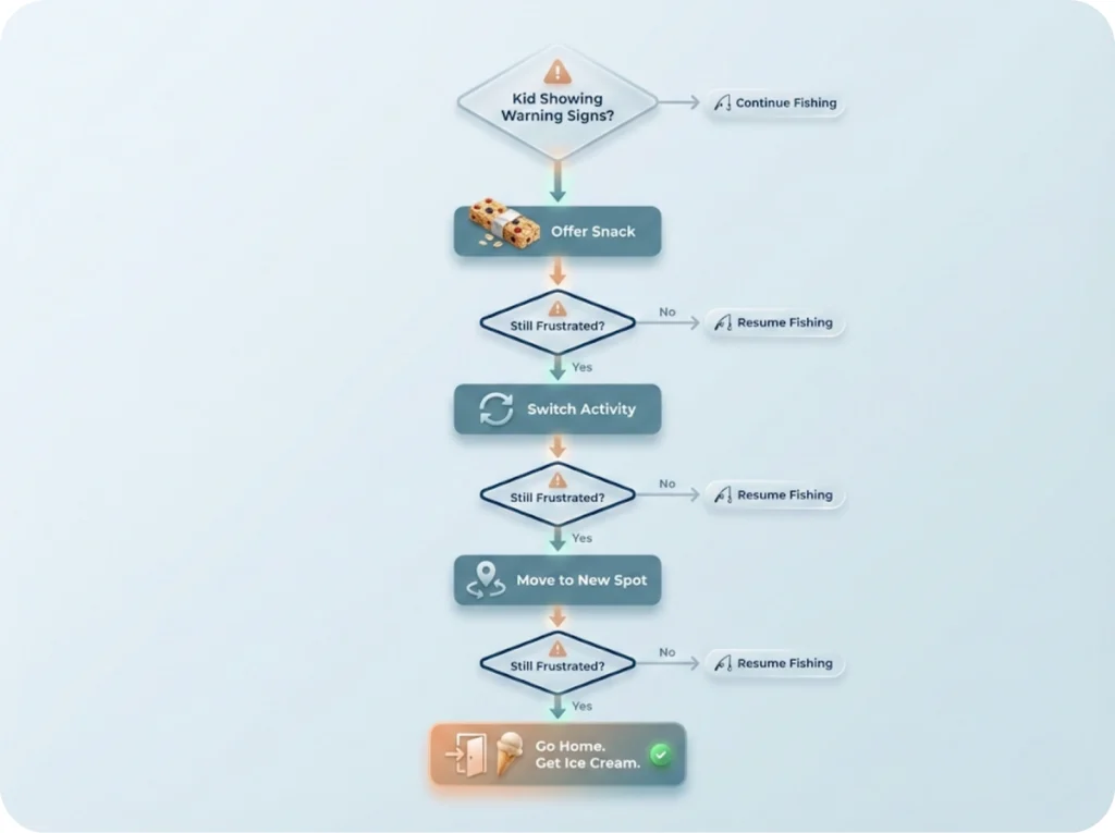 Decision tree flowchart showing meltdown recovery protocol with four intervention steps: offer snack, switch activity, move spots, or go home for ice cream.