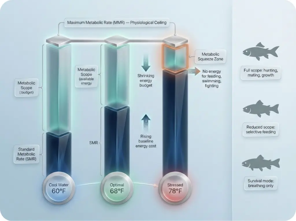 Scientific diagram showing how rising water temperature compresses fish metabolic scope by expanding Standard Metabolic Rate toward Maximum Metabolic Rate ceiling, creating the Metabolic Squeeze Zone.