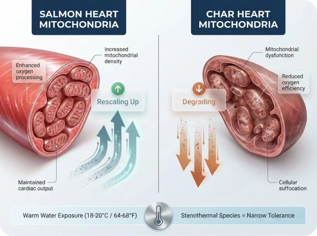 Scientific comparison showing salmon heart mitochondria rescaling up efficiency in warm water versus Arctic char mitochondria degrading, illustrating cellular-level thermal adaptation differences.