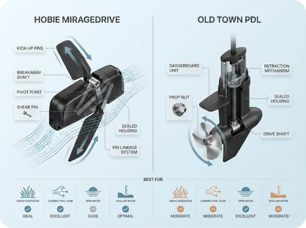 Technical cross-section comparison of Hobie MirageDrive oscillating fin system versus Old Town PDL propeller drive, showing labeled components and best-use scenarios.