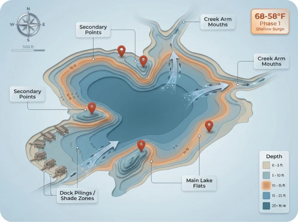 Overhead lake map showing Phase 1 fall crappie locations at 68-58°F including secondary points, dock edges, and creek arm mouths with shad migration patterns.