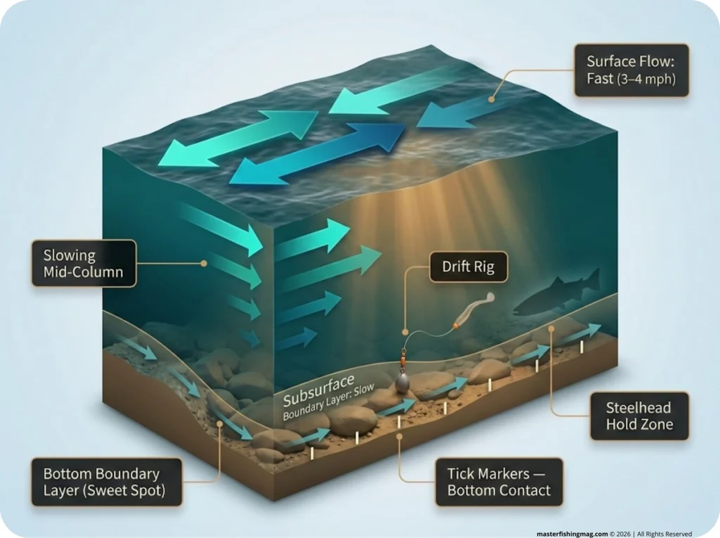 Infographic showing river cross-section with surface vs. subsurface flow arrows, drift rig in the bottom boundary layer, and tick markers