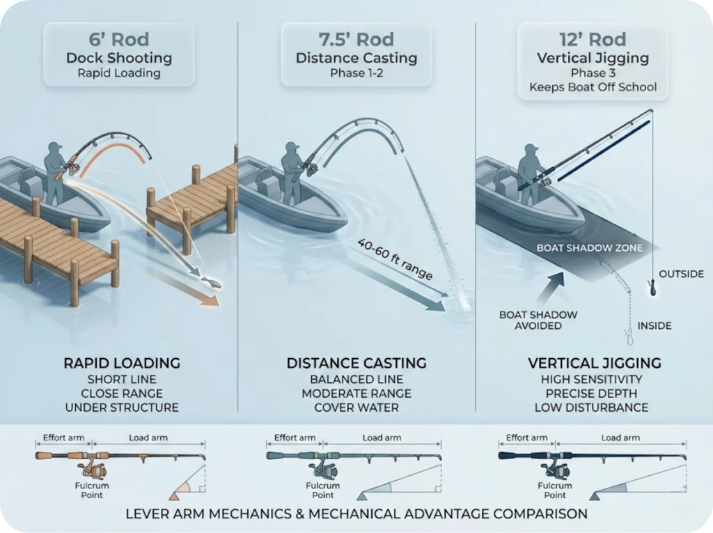 Technical comparison of three fishing rod lengths showing lever arm geometry for dock shooting, casting, and vertical jigging with boat shadow zone illustrations.