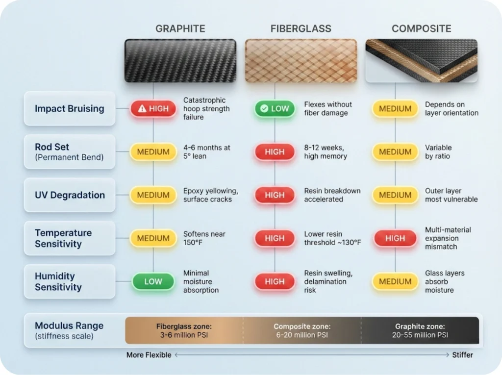 Comprehensive storage sensitivity matrix comparing graphite, fiberglass, and composite fishing rod materials across impact, rod set, UV, temperature, and humidity vulnerabilities.