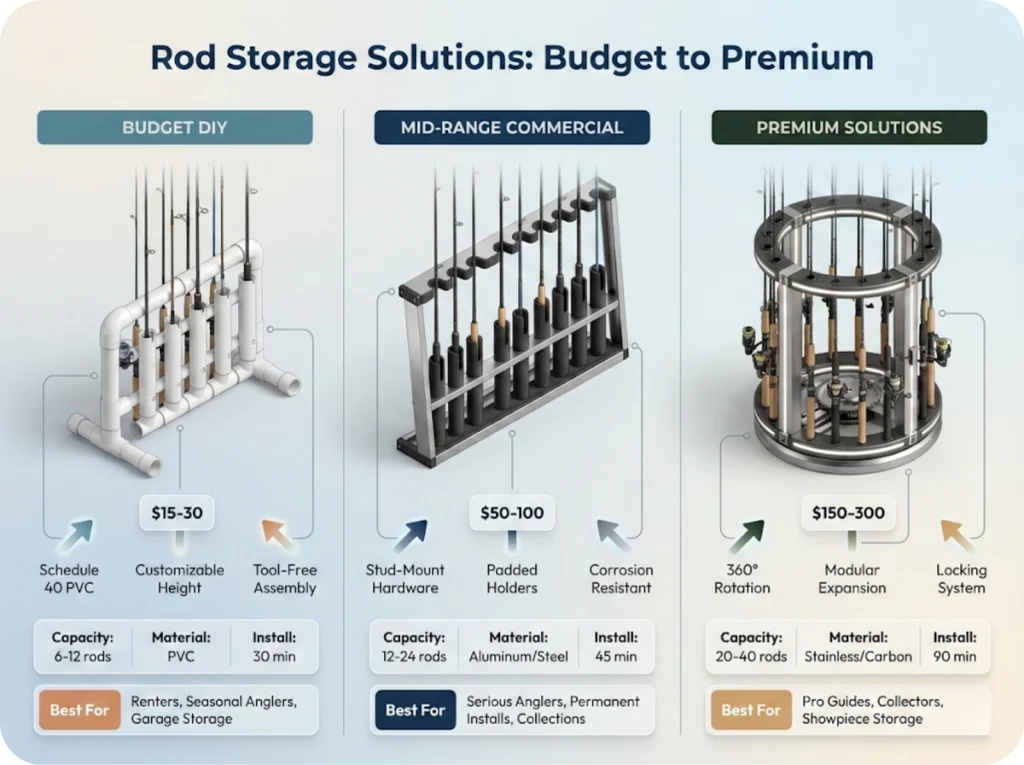 Three-tier fishing rod storage solution comparison showing budget DIY PVC, mid-range commercial racks, and premium rotating systems with specs and pricing.