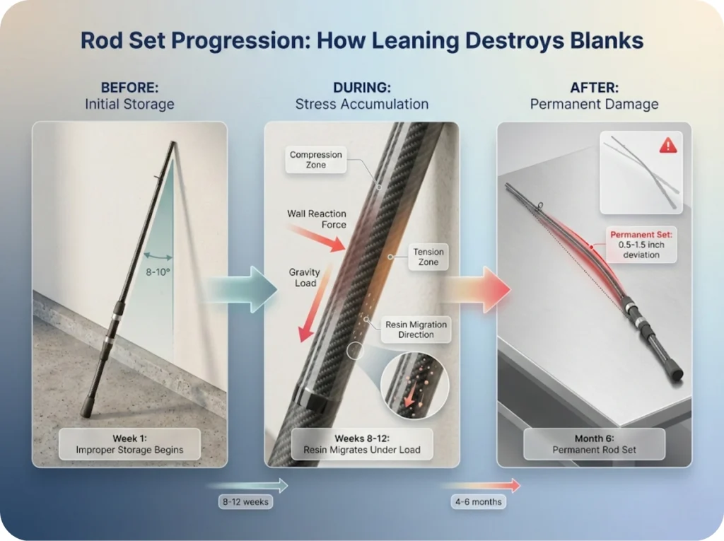 Three-panel progression showing how improper leaning storage causes permanent rod set curvature over time in fishing rod blanks.