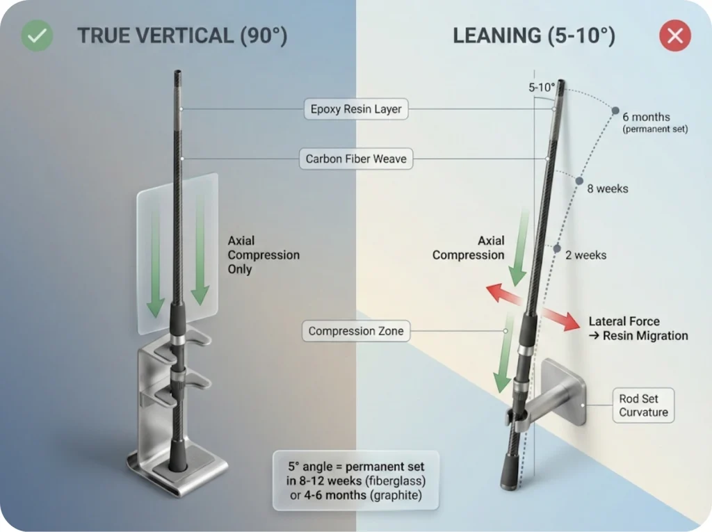 Physics diagram comparing vertical vs. leaning rod storage showing force vectors and resin migration causing permanent rod set curvature.