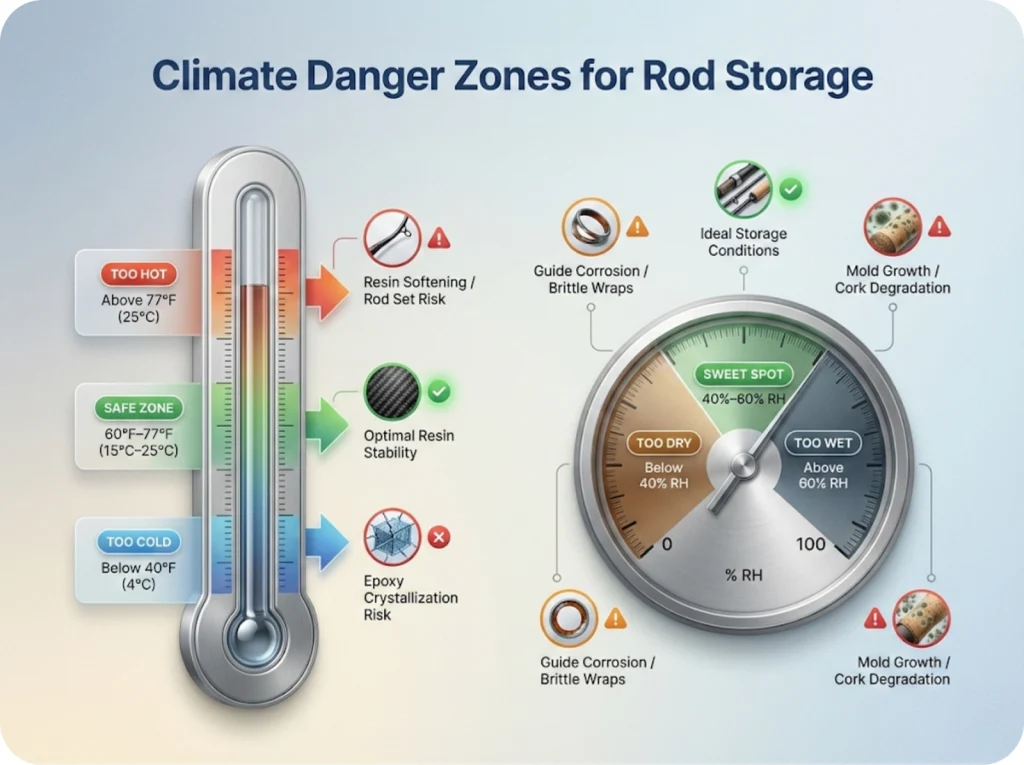 Climate control guide for fishing rod storage showing temperature and humidity danger zones with safe ranges for preventing resin damage and corrosion.