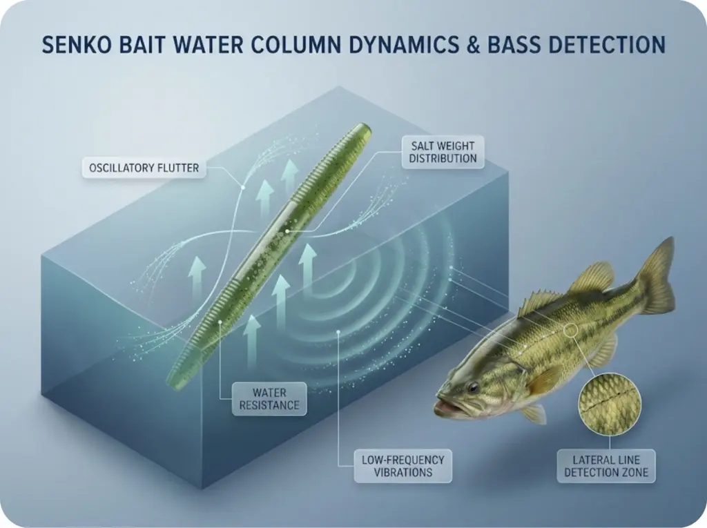 Technical cross-section infographic showing Senko soft plastic bait mid-fall with water resistance dynamics, salt weight distribution, oscillatory flutter pattern, and vibration detection by bass lateral line system.