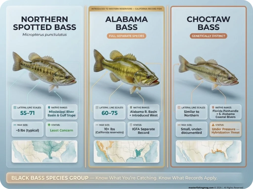 Three-panel infographic comparing Northern Spotted Bass, Alabama Bass, and Choctaw Bass with lateral line scale counts, native range maps, max size, and conservation status labels.