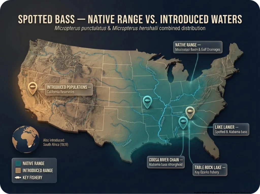 U.S. range map infographic showing spotted bass native distribution in teal and introduced populations in amber, with labeled key fisheries including Coosa River, Lake Lanier, Pine Flat, and Table Rock Lake.