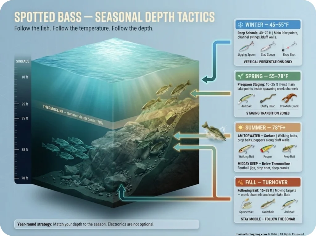Depth-by-season decision tree infographic for spotted bass showing water temperature, depth zones, and recommended lures for Winter, Spring, Summer, and Fall with directional arrows and lure icons.