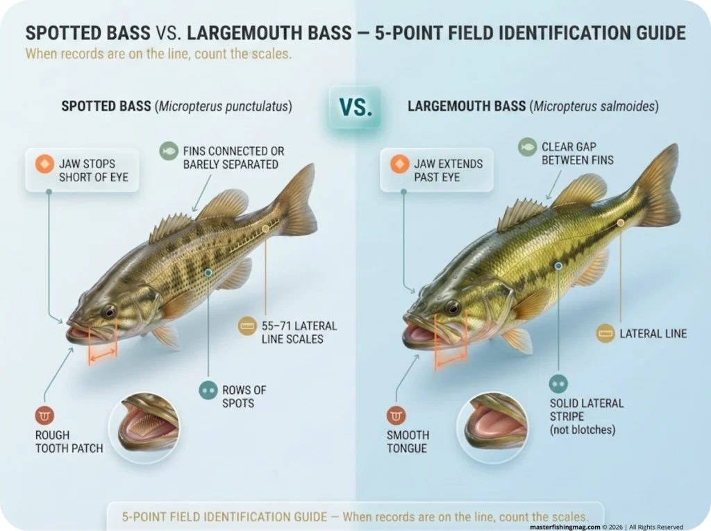 Side-by-side field ID infographic comparing spotted bass vs largemouth bass: jaw line, tongue patch, spot pattern, dorsal fin gap, and lateral line scale count with clear anatomical labels.