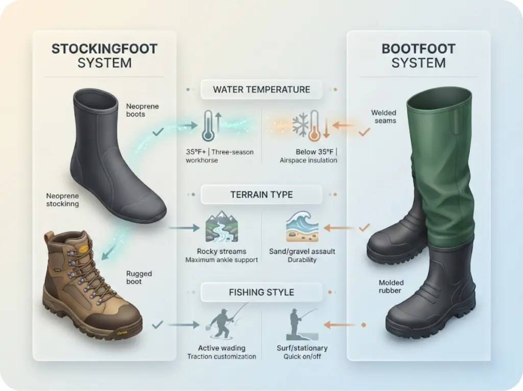 Decision matrix comparing stockingfoot and bootfoot waders across water temperature, terrain type, and fishing style to help anglers choose the right system.