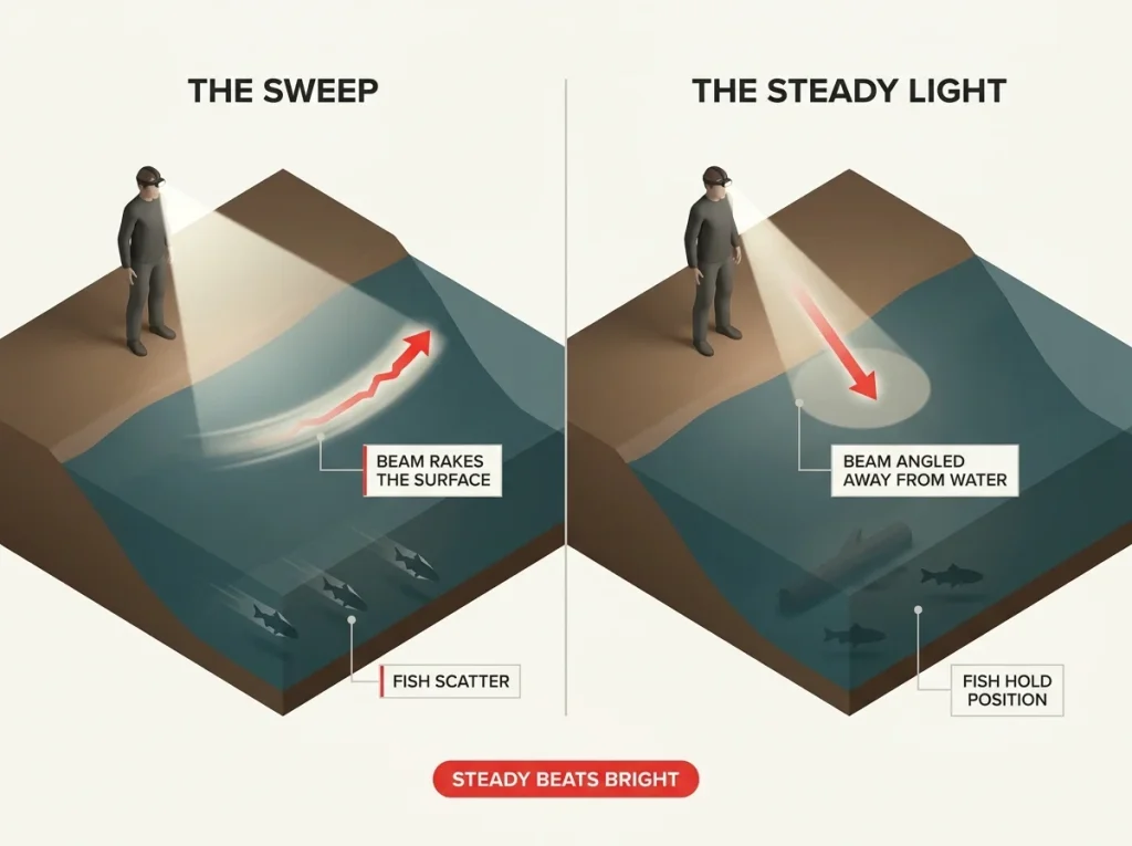 Diagram comparing a sweeping headlamp beam scattering fish versus a steady angled beam keeping fish holding position