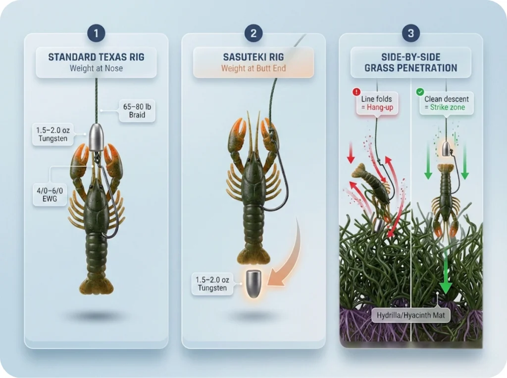 Three-panel rigging diagram comparing standard Texas rig versus Sasuteki backward rig, showing how weight placement affects grass penetration for Lake Okeechobee bass fishing.