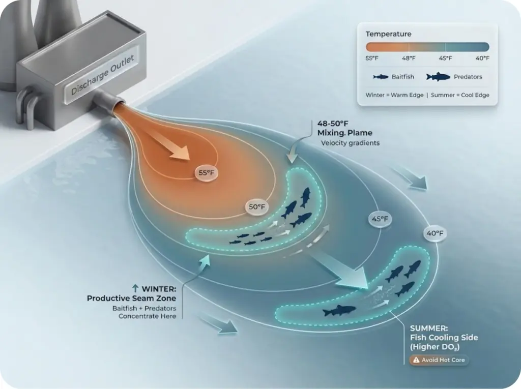 Overhead tactical diagram of power plant discharge plume showing temperature gradient zones from 55°F core to 40°F ambient water with marked productive seam locations and fish positioning.