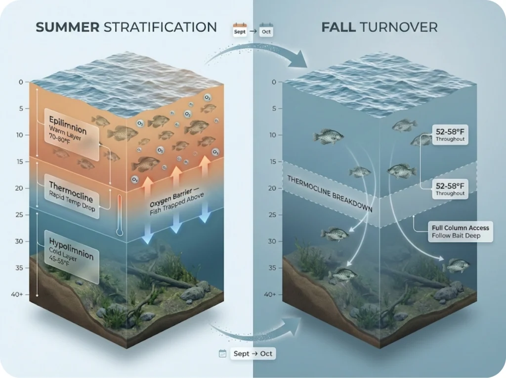 Cross-section diagram comparing summer lake stratification with thermocline barrier versus fall turnover showing crappie vertical migration freedom.